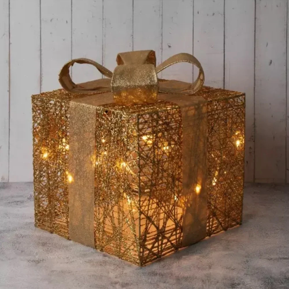 New! Hobby Lobby Light Up Glitter Gold Gift Box Holiday Decor, 11.75” tall